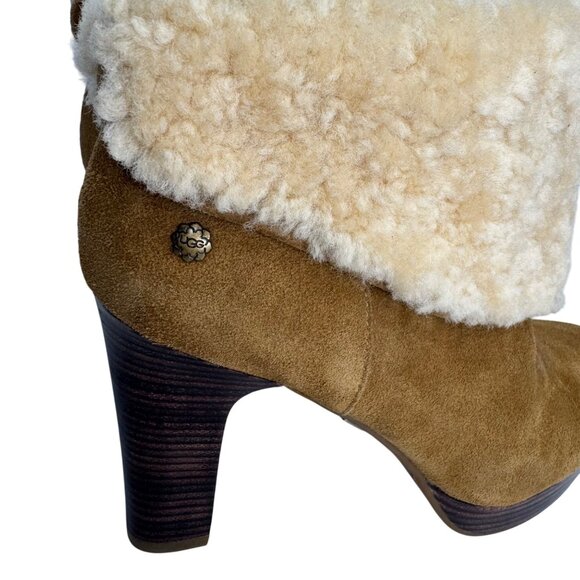 UGG Tan‎ Suede High Heel Boots With Shearling Cuff & Wooden Block Heel Size 7.5 - Picture 3 of 8